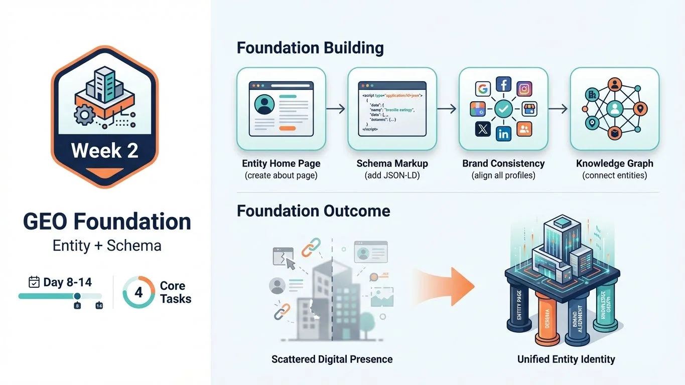 Infographic showing Week 2 GEO Foundation with Entity and Schema Setup - Day 8-14 timeline, 4 Core Tasks badge, Foundation Building flow (Entity Home Page → Schema Markup → Brand Consistency → Knowledge Graph), and Foundation Outcome transformation from Scattered Digital Presence to Unified Entity Identity
