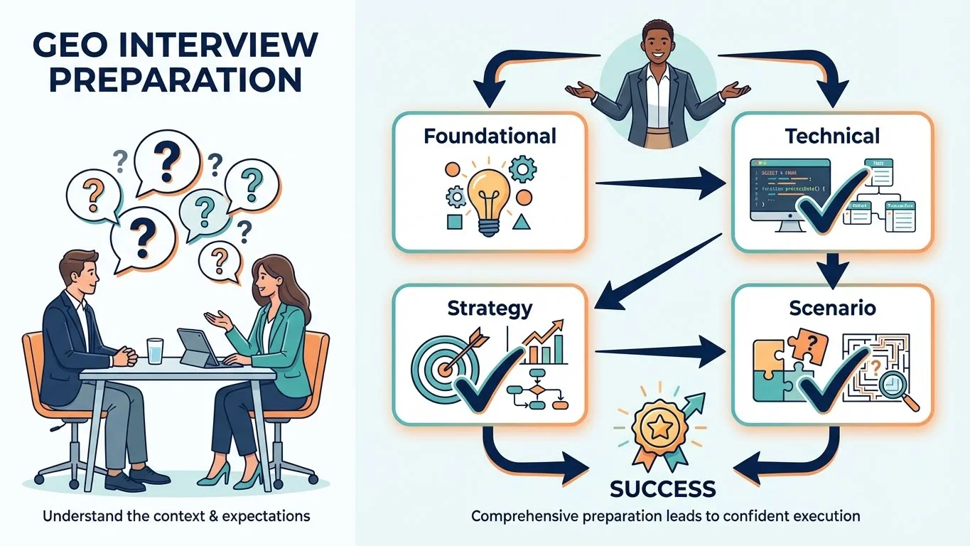 Infographic showing GEO interview preparation framework with four question categories: Foundational (basics), Technical (schema implementation), Strategy (client planning), and Scenario (problem-solving) - all flowing toward interview success