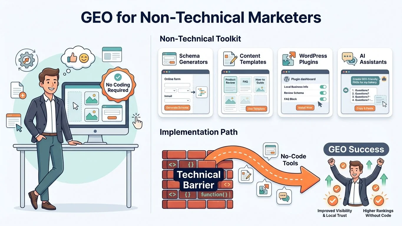 GEO for Non-Technical Marketers infographic showing a marketer with No Coding Required badge, Non-Technical Toolkit (Schema Generators, Content Templates, WordPress Plugins, AI Assistants), and Implementation Path from Technical Barrier through No-Code Tools to GEO Success
