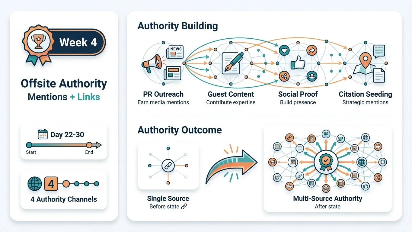 Infographic showing Week 4 GEO Offsite Authority Building with Mentions and Links - Day 22-30 timeline, 4 Authority Channels badge, Authority Building network (PR Outreach → Guest Content → Social Proof → Citation Seeding), and Authority Outcome transformation from Single Source to Multi-Source Authority