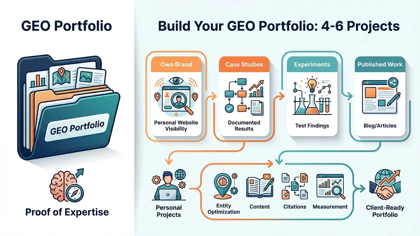 Infographic showing how to build a GEO portfolio with 4-6 projects - Own Brand visibility, Case Studies with documented results, Experiments with test findings, and Published Work - progressing from personal projects to client-ready portfolio