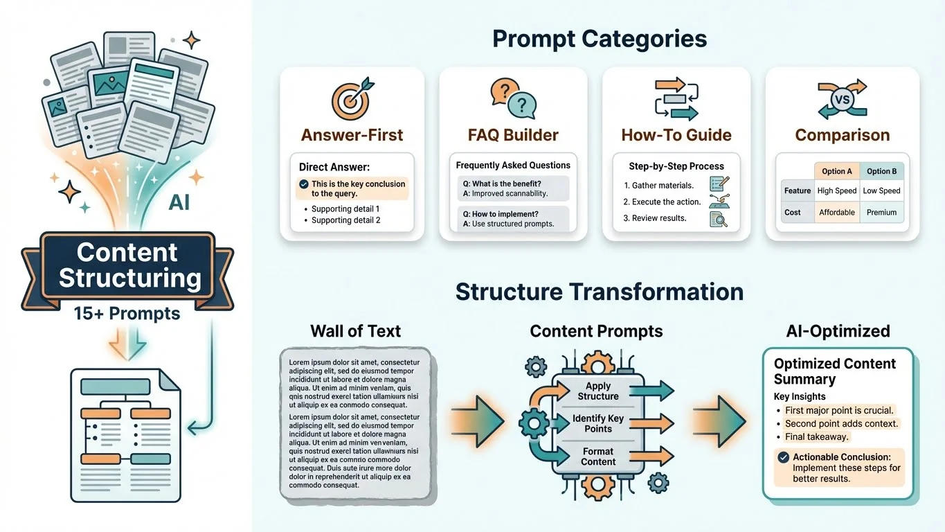 Content Structuring Prompt Toolkit infographic showing four prompt categories (Answer-First, FAQ Builder, How-To Guide, Comparison) with 15+ prompts, illustrating the structure transformation from wall of text to AI-optimized content