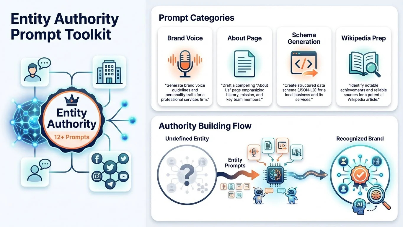 Entity Authority Prompt Toolkit infographic showing four prompt categories (Brand Voice, About Page, Schema Generation, Wikipedia Prep) with 12+ prompts, illustrating the authority building flow from undefined entity to recognized brand