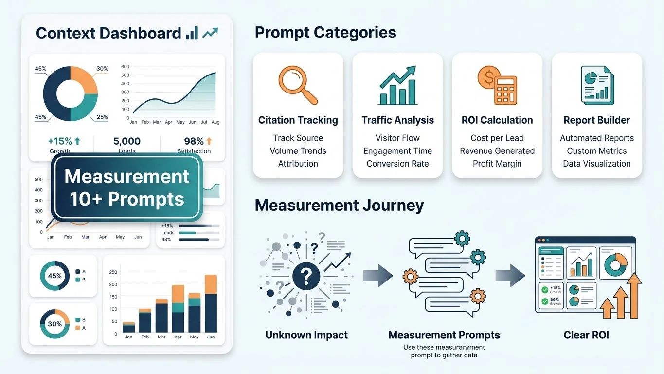 GEO Measurement and Reporting Prompt Toolkit infographic showing a context dashboard with four prompt categories (Citation Tracking, Traffic Analysis, ROI Calculation, Report Builder) with 10+ prompts, illustrating the measurement journey from unknown impact to clear ROI