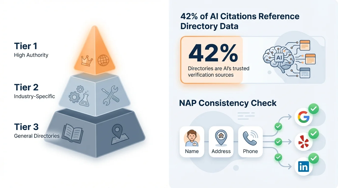 Directory tier pyramid showing the hierarchy of AI-cited directories: Tier 1 (Google Business Profile, Yelp, Foursquare) at the foundation, with NAP consistency emphasized as the key trust signal for AI citations