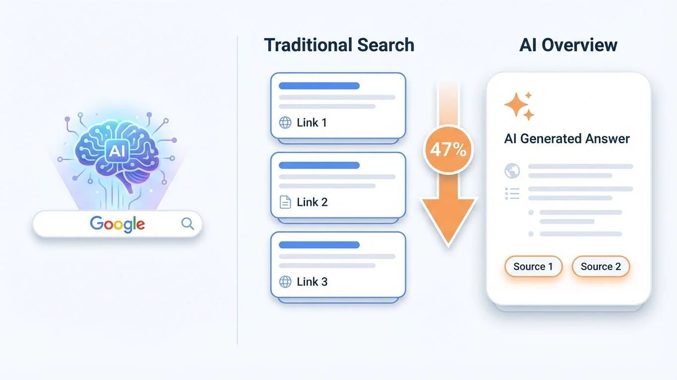 Google search results page showing AI Overview interface with synthesized answer at top, source citations on the right, and traditional blue link results pushed below