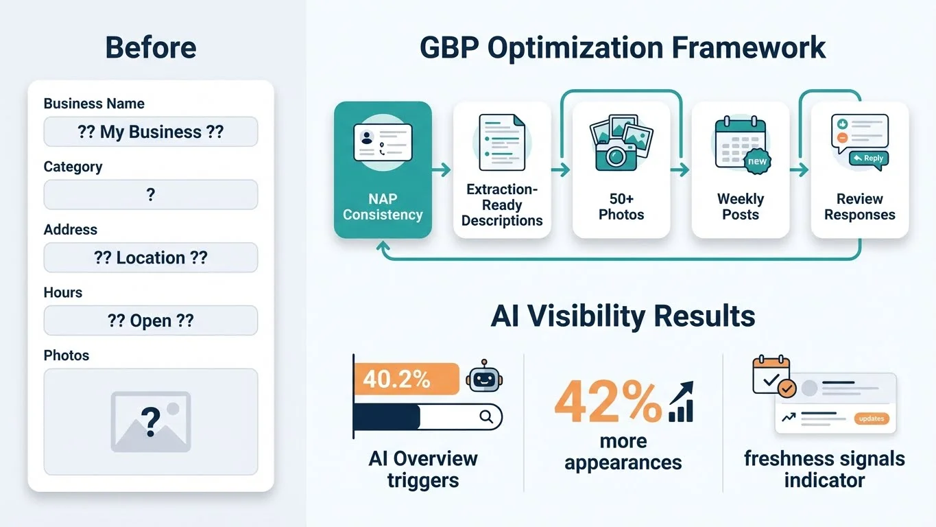 Google Business Profile optimization framework showing five key elements (NAP Consistency, Extraction-Ready Descriptions, 50+ Photos, Weekly Posts, Review Responses) and AI visibility results with 40.2% AI Overview triggers and 42% more appearances