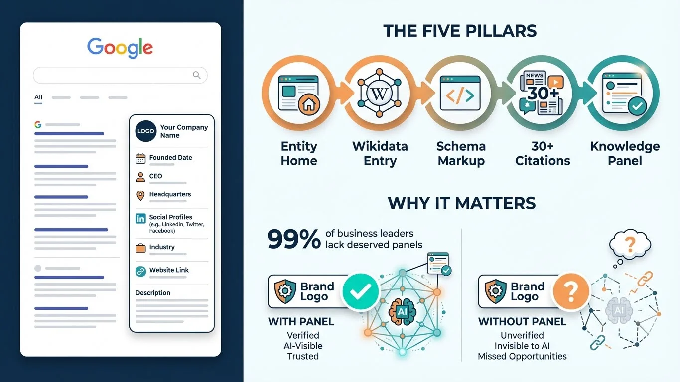 Infographic showing the five pillars to earn a Google Knowledge Panel: Entity Home, Wikidata Entry, Schema Markup, 30+ Citations, leading to Knowledge Panel. Includes Google Knowledge Panel mockup and comparison showing 99% of business leaders lack deserved panels, contrasting verified AI-visible brands with invisible ones