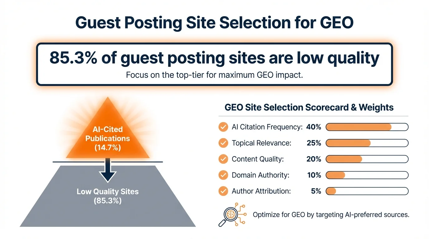 Guest posting site selection scorecard showing the weighted criteria pyramid: AI Citation Frequency (40%), Topical Relevance (25%), Content Quality (20%), Domain Authority (10%), and Author Attribution (5%)