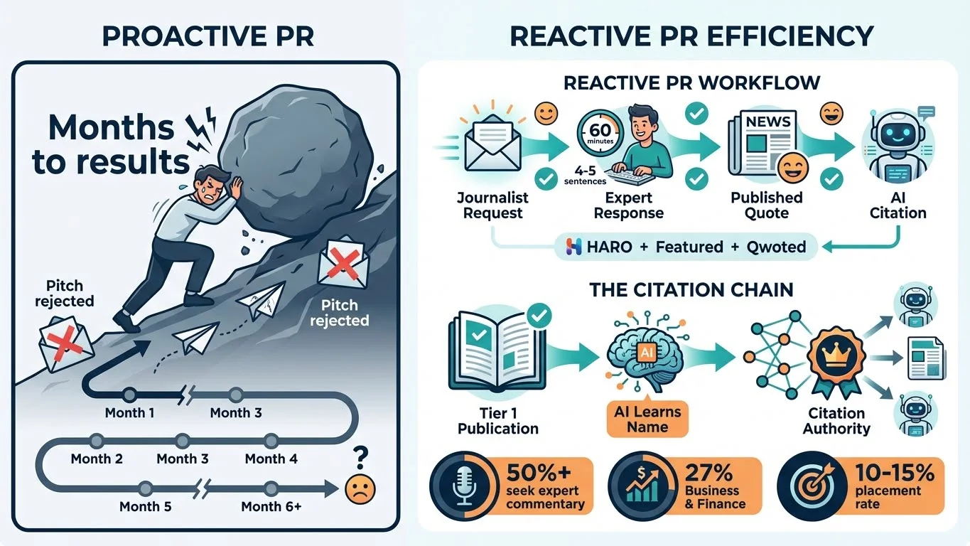 Infographic comparing proactive PR (months to results, pitch rejected) vs reactive PR workflow showing journalist request to expert response to published quote to AI citation flow, with HARO, Featured, and Qwoted platforms and the citation chain from Tier 1 publication to AI authority