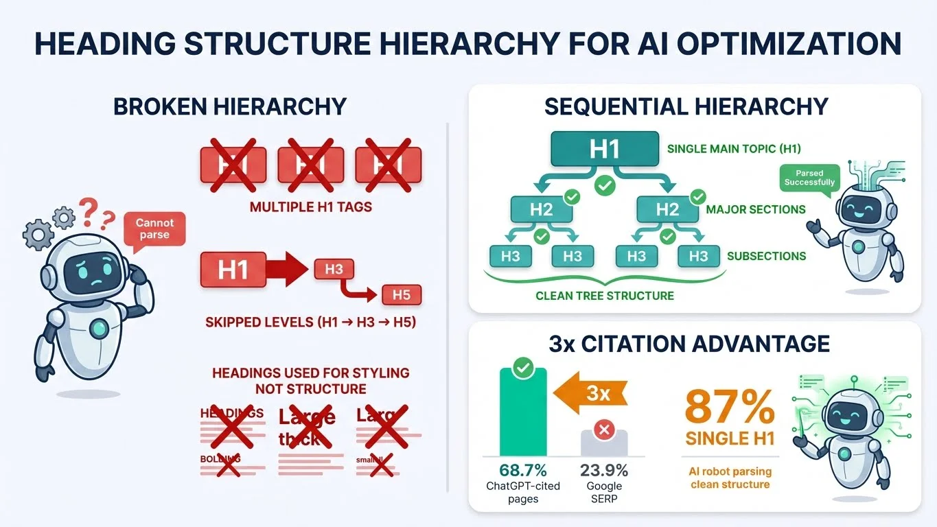 Infographic comparing broken vs sequential heading hierarchy for AI optimization - showing how proper H1-H2-H3 structure leads to 3x citation advantage with 68.7% of ChatGPT-cited pages using clean structure vs 23.9% Google SERP average