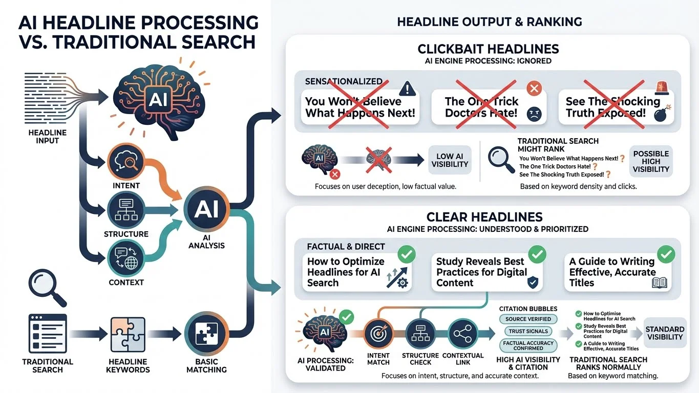 Infographic showing how AI engines process headlines differently than traditional search - clickbait headlines are ignored while clear, direct headlines are understood and prioritized for citations