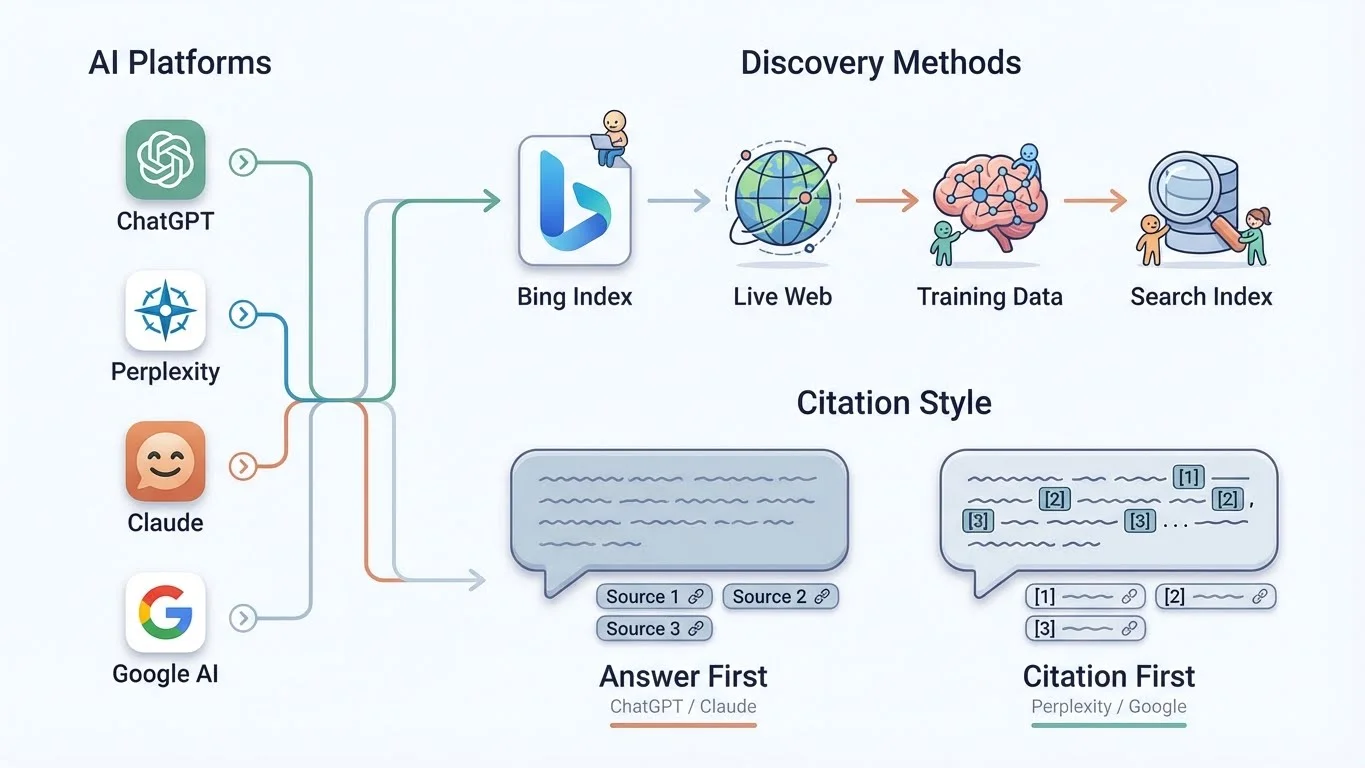 Futuristic visualization showing how AI platforms like ChatGPT, Claude, Perplexity, and Google discover and cite content through interconnected data streams