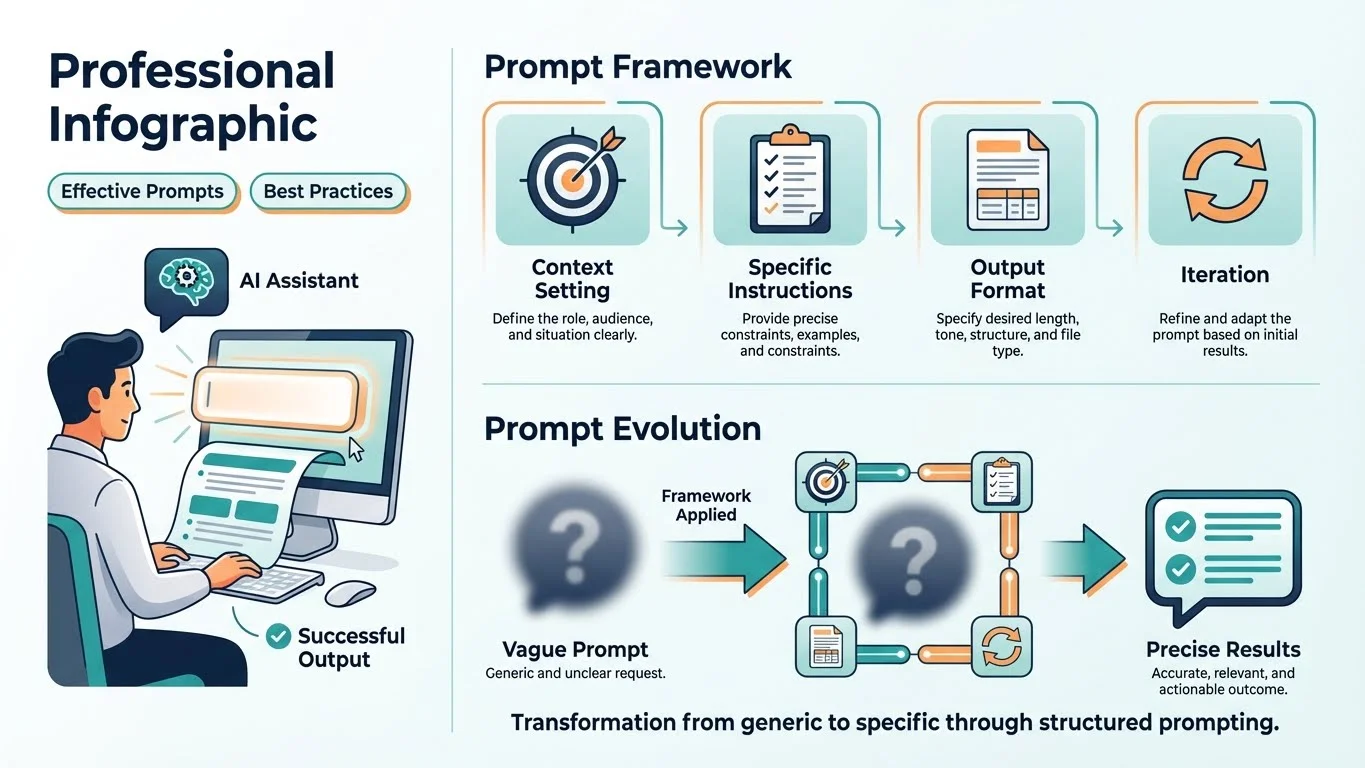 How to use AI prompts effectively infographic showing the Prompt Framework (Context Setting, Specific Instructions, Output Format, Iteration) and Prompt Evolution from vague prompt to precise results through structured transformation