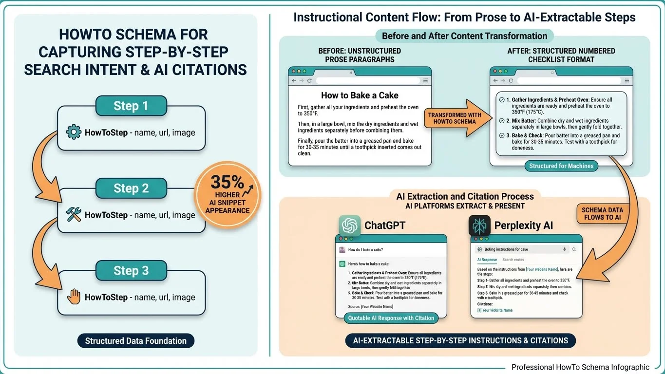 Infographic showing HowTo schema for step-by-step search intent: structured steps (Step 1, 2, 3) with 35% higher AI snippet appearance, transforming unstructured prose into numbered checklists that ChatGPT and Perplexity can extract and cite
