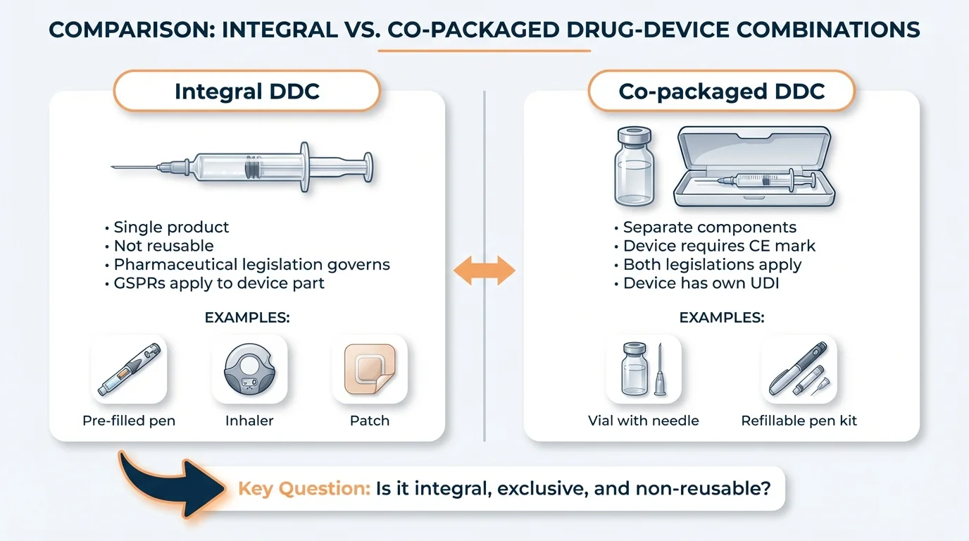Comparison infographic showing integral DDC as single unit versus co-packaged DDC as separate components with different regulatory pathways