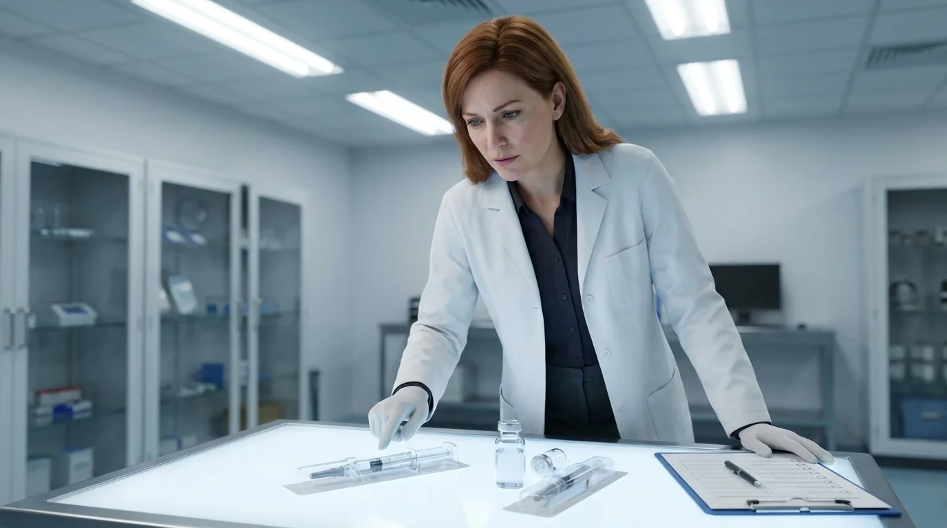 Quality assurance manager examining integral pre-filled syringe versus co-packaged vial and syringe kit on light table