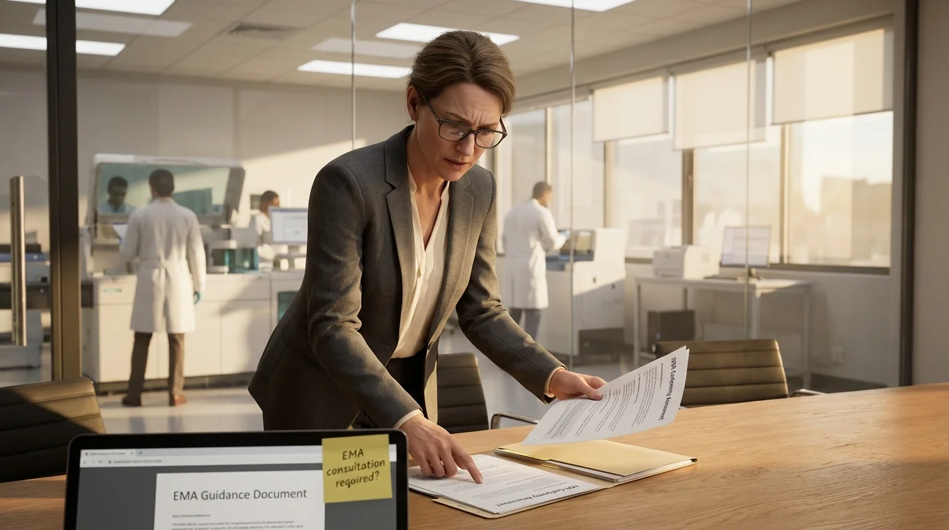 Regulatory affairs director reviewing IVDR companion diagnostic documentation with EMA consultation requirements visible