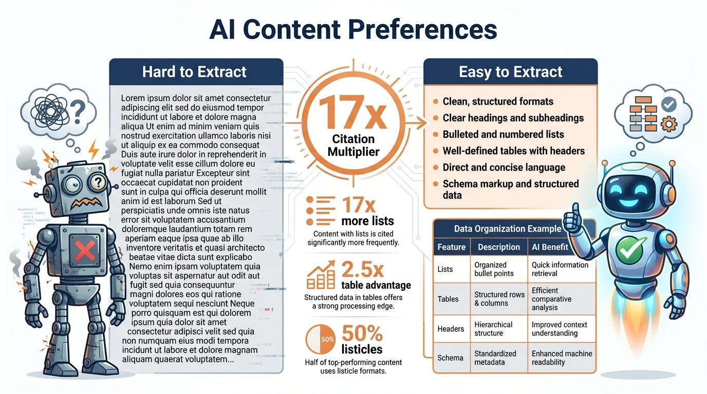 Visual comparison of content formats showing AI extraction ease: tables and lists with high extraction rates versus paragraphs with low extraction, demonstrating the 17x citation advantage of structured content