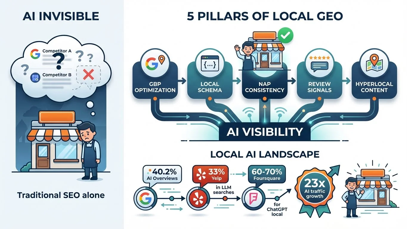 Infographic showing the 5 Pillars of Local GEO framework: GBP Optimization, Local Schema, NAP Consistency, Review Signals, and Hyperlocal Content building AI Visibility, plus the Local AI Landscape showing 40.2% AI Overviews, 33% Yelp, 60-70% Foursquare, and 23x AI traffic growth