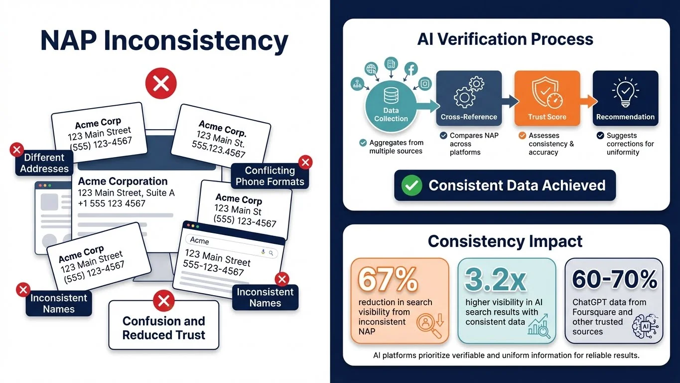 NAP consistency infographic showing how inconsistent business information (different addresses, phone formats) creates confusion versus AI verification process with consistent data leading to 67% visibility reduction from inconsistency, 3.2x higher visibility with consistent data, and 60-70% of ChatGPT data from Foursquare