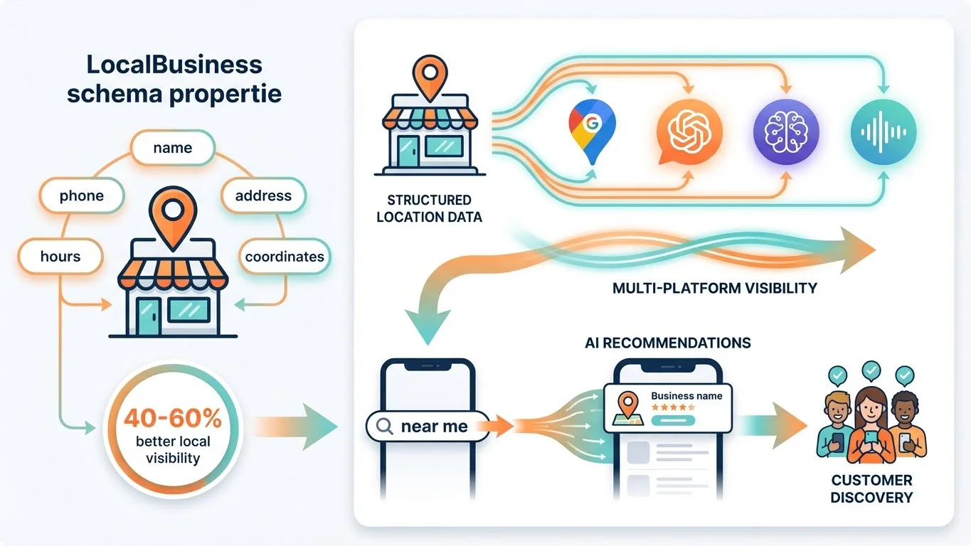 Infographic showing LocalBusiness schema for location-based businesses: structured properties (name, phone, address, hours, coordinates) flowing to multi-platform visibility across Google Maps, ChatGPT, Perplexity, and voice assistants, resulting in 40-60% better local visibility and customer discovery