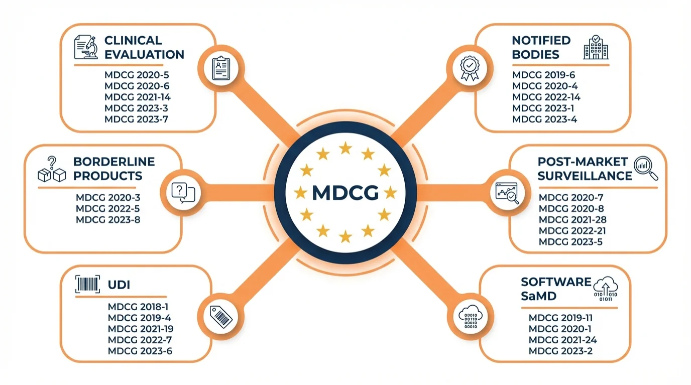 Infographic showing six MDCG guidance categories in a hub-and-spoke diagram: Clinical Evaluation, Notified Bodies, Post-Market Surveillance, Software SaMD, UDI EUDAMED, and Borderline Products