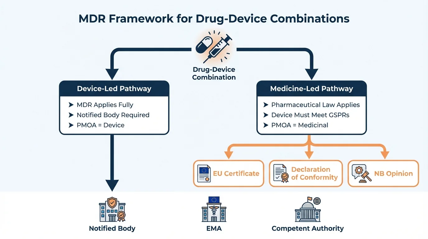 MDR Framework for Drug-Device Combinations infographic showing two pathways: Device-Led (MDR applies fully with Notified Body certification) and Medicine-Led (pharmaceutical legislation with three compliance options: EU Certificate, Declaration of Conformity, or NB Opinion)