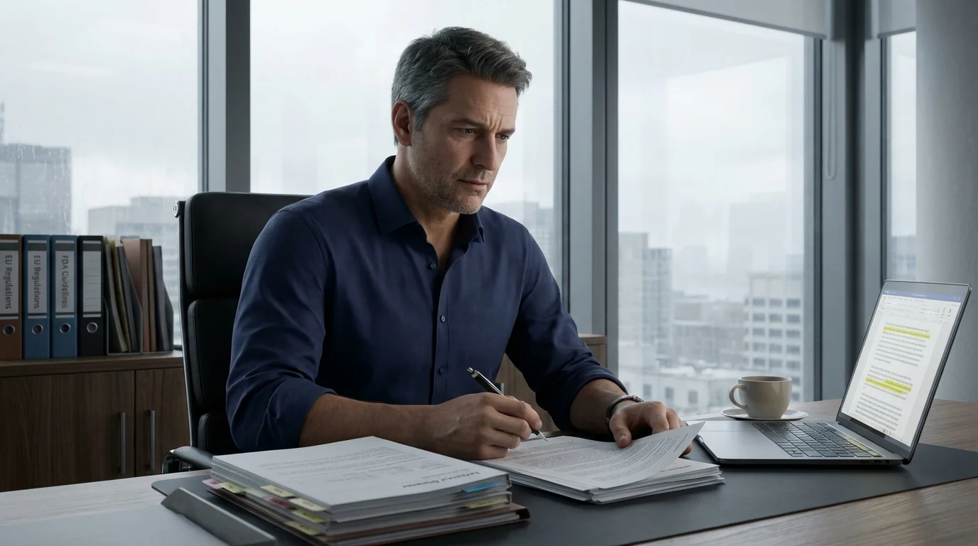 Regulatory affairs professional reviewing MDR documentation for drug-device combination product