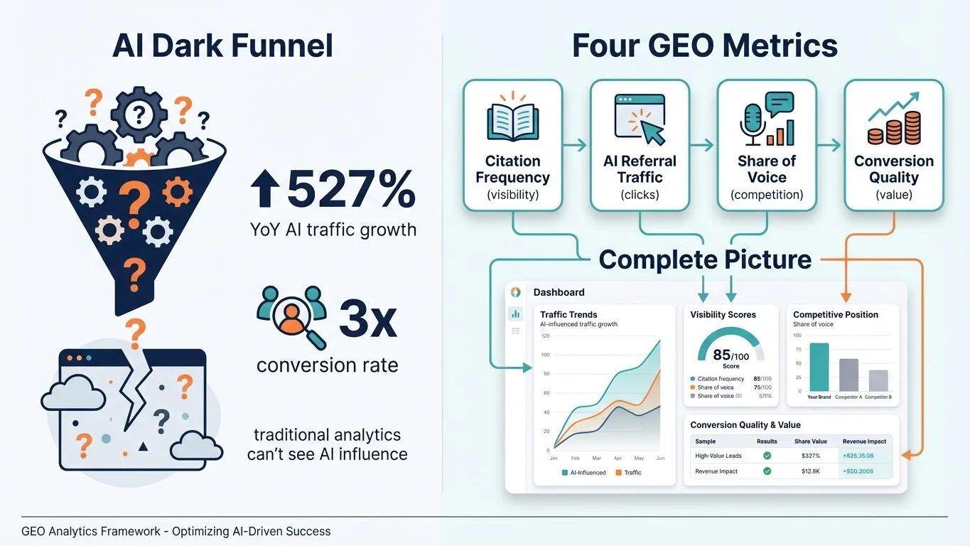 Infographic showing the GEO Analytics Framework with AI Dark Funnel problem (527% YoY growth, 3x conversion), four GEO metrics (Citation Frequency, AI Referral Traffic, Share of Voice, Conversion Quality), and Complete Picture dashboard showing traffic trends, visibility scores, and competitive position