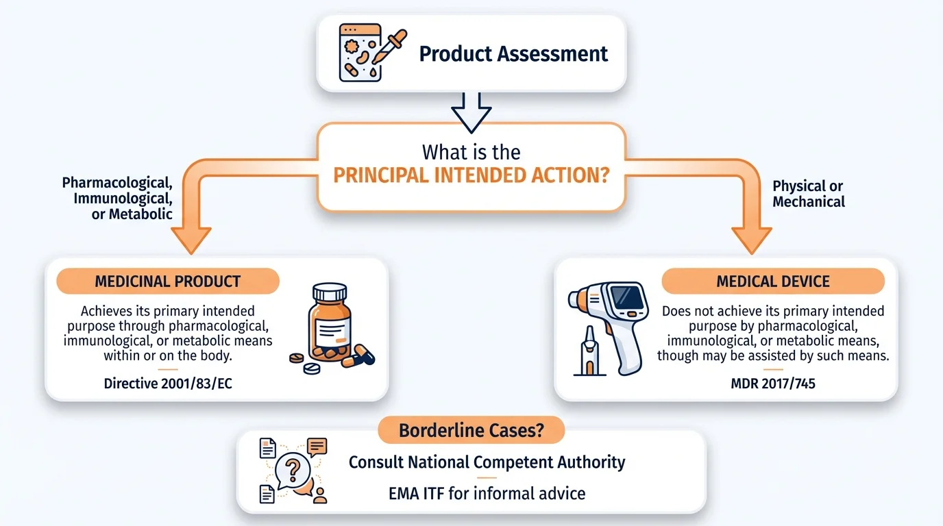 Flowchart showing principal intended action determination for medicinal product versus medical device classification