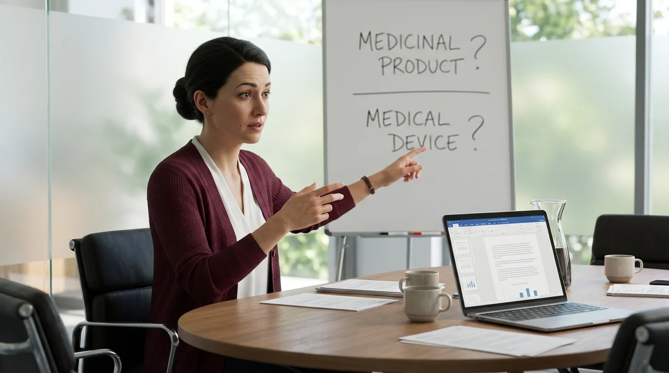 Regulatory consultant explaining borderline classification decision between medicinal product and medical device in conference room