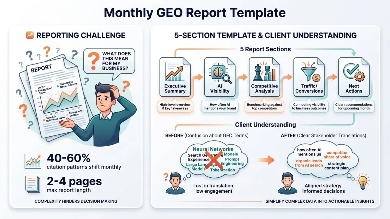 Infographic showing Monthly GEO Report Template with Reporting Challenge statistics (40-60% citation patterns shift monthly, 2-4 pages max report length), 5-Section Template flow (Executive Summary → AI Visibility → Benchmarking → Connecting visibility → Clear recommendations), and Client Understanding transformation from confusion to clear stakeholder translations