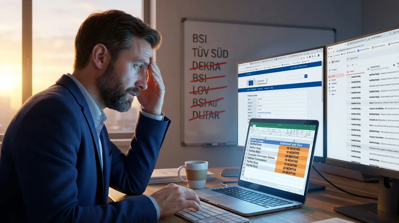 Regulatory affairs professional at desk, visibly frustrated, with whiteboard showing crossed-out Notified Body names and spreadsheet of wait times on monitor