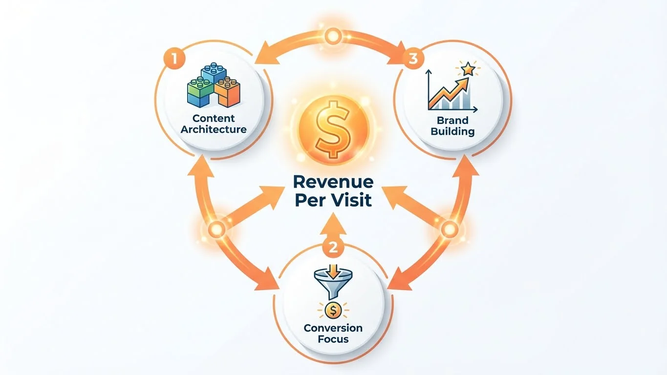 Infographic showing three interconnected strategic levers (Content Architecture, Conversion Focus, Brand Building) surrounding Revenue Per Visit with orange arrows forming a continuous cycle
