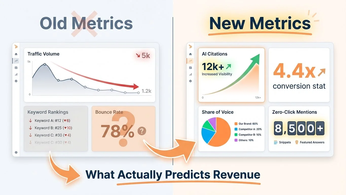 Comparison of traditional SEO metrics dashboard vs new AI search metrics dashboard, showing the shift from traffic volume to citation frequency and share of model visibility