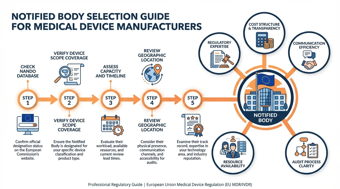 Infographic showing 5-step Notified Body selection flowchart: Check NANDO Database, Verify Device Scope, Assess Capacity Timeline, Review Geographic Location, Evaluate Experience