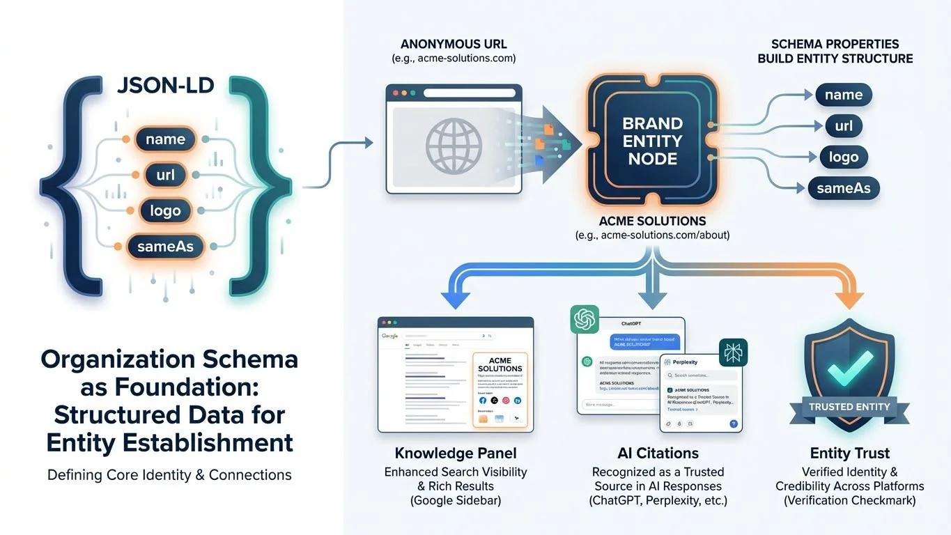 Infographic showing Organization schema as foundation for entity establishment: JSON-LD properties (name, url, logo, sameAs) connecting to brand entity node, which leads to three outcomes - Knowledge Panel, AI Citations, and Entity Trust