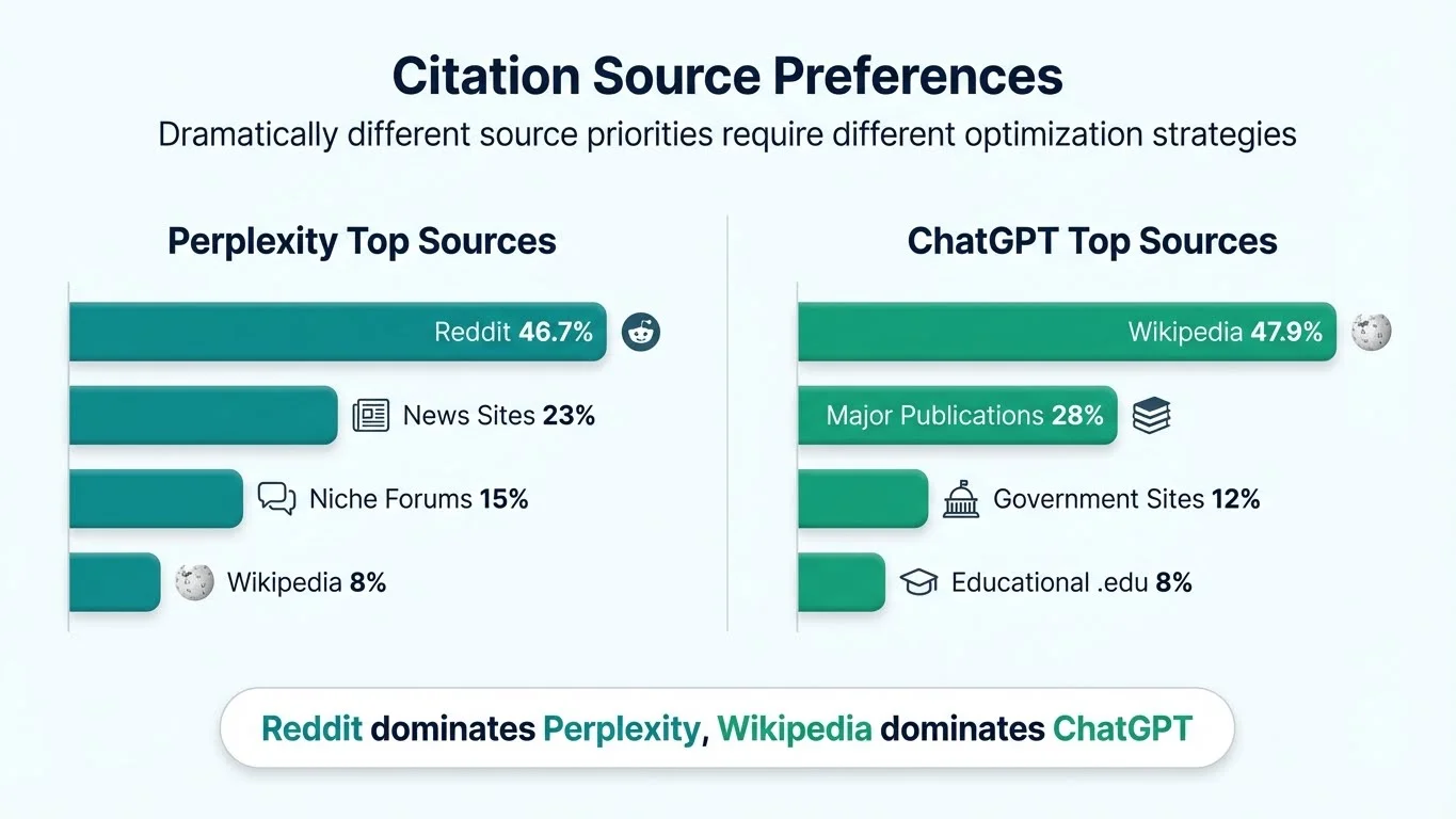 Infographic comparing Perplexity vs ChatGPT citation source preferences showing Reddit dominates Perplexity at 46.7% while Wikipedia dominates ChatGPT at 47.9%