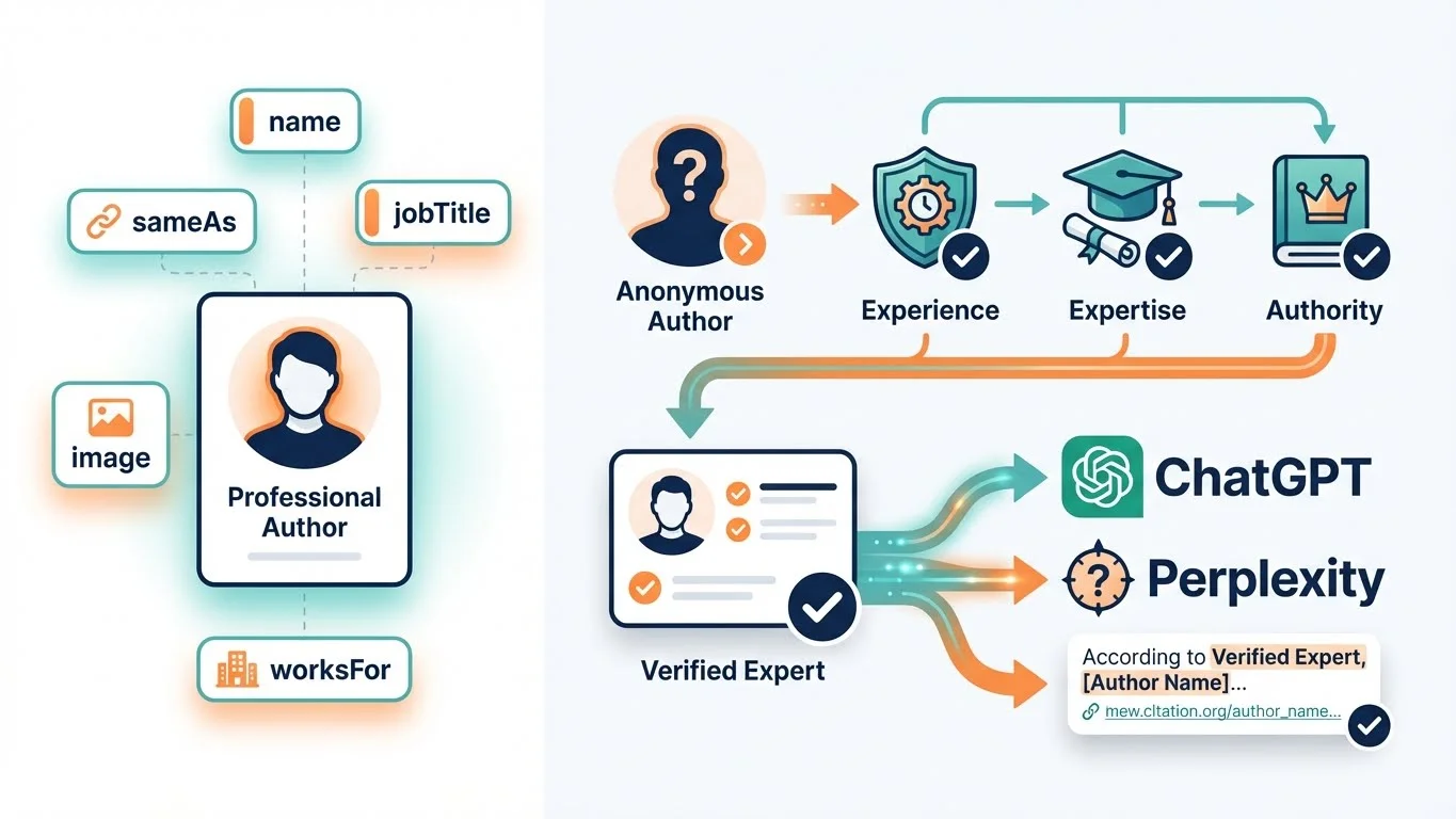 Infographic showing Person schema for author authority: schema properties (name, jobTitle, sameAs, image, worksFor) connecting to E-E-A-T dimensions (Experience, Expertise, Authority), transforming anonymous author to verified expert that ChatGPT and Perplexity can cite