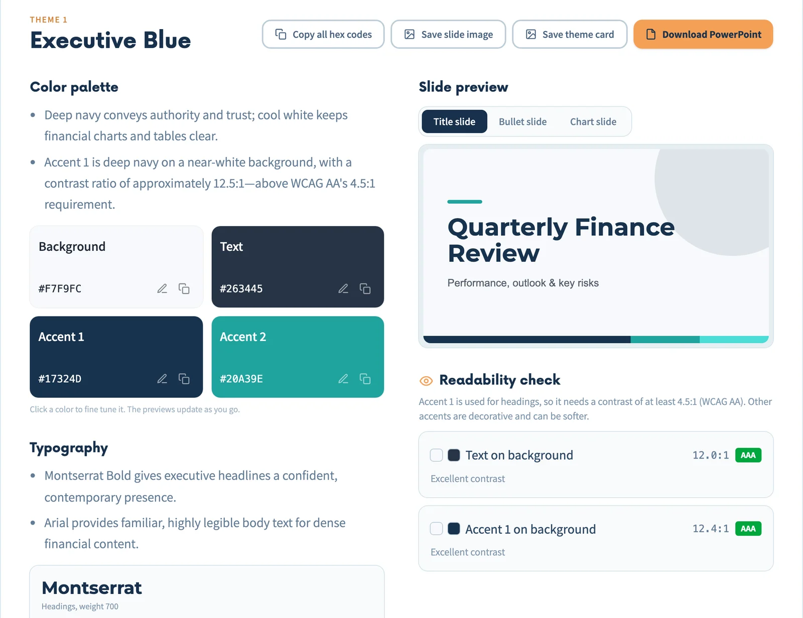 Screenshot of the free presentation theme generator showing the Executive Blue palette, fonts, a title slide preview and AAA contrast ratings