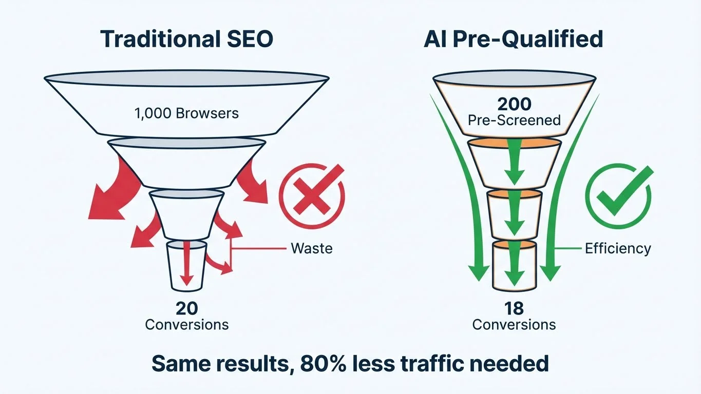 Pre-Qualification Funnel comparison infographic - Traditional SEO funnel showing 1,000 Browsers narrowing to 20 Conversions with waste indicator (red X), versus AI Pre-Qualified funnel showing 200 Pre-Screened visitors leading to 18 Conversions with efficiency indicator (green checkmark). Bottom text: Same results, 80% less traffic needed