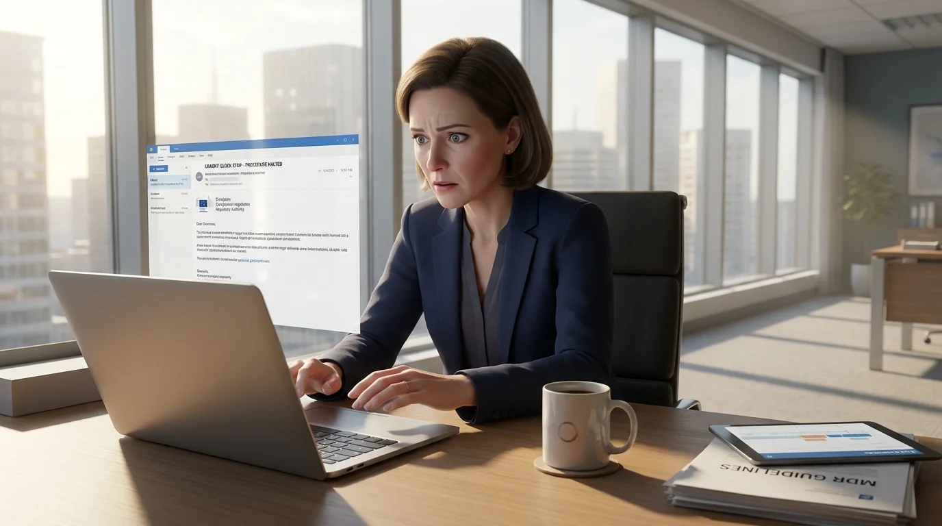 Regulatory affairs director at desk reading clock-stop notification on laptop, morning light through office window, coffee growing cold