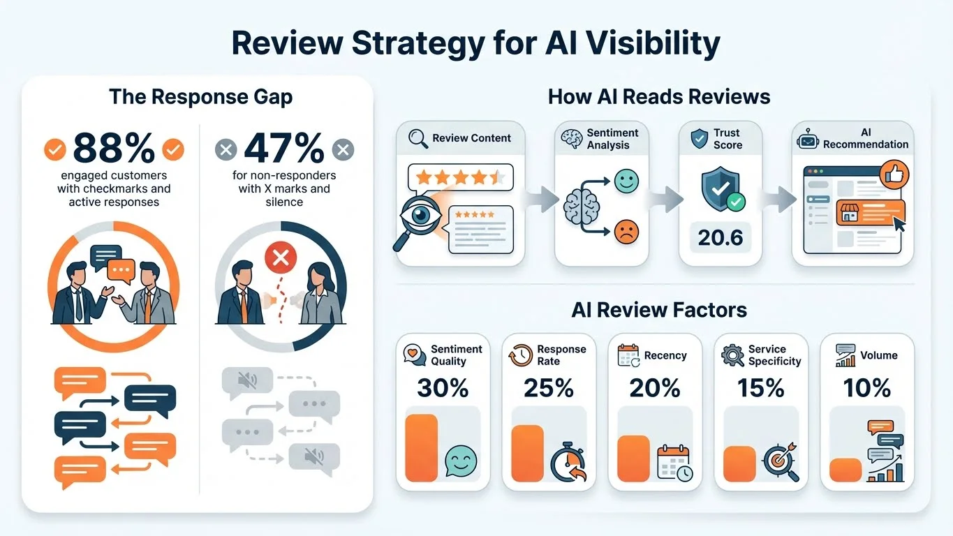 Review strategy infographic showing The Response Gap (88% vs 47% trust split), How AI Reads Reviews flow (Review Content to Sentiment Analysis to Trust Score to AI Recommendation), and AI Review Factors weighted breakdown (Sentiment Quality 30%, Response Rate 25%, Recency 20%, Service Specificity 15%, Volume 10%)