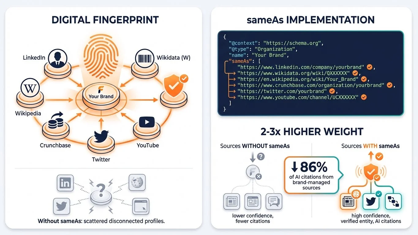 Infographic showing the sameAs schema property as a digital fingerprint connecting your brand to LinkedIn, Wikidata, Wikipedia, Crunchbase, Twitter, and YouTube. Shows JSON-LD implementation code and demonstrates 2-3x higher weight for sources with sameAs, with 86% of AI citations from brand-managed sources