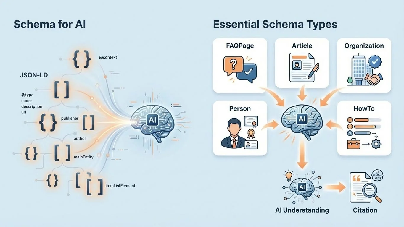 Futuristic holographic interface showing JSON-LD code brackets floating in 3D space with glowing orange data streams flowing into a central AI brain. Five schema type icons orbit the center: FAQ, Article, Organization, Person, and HowTo.