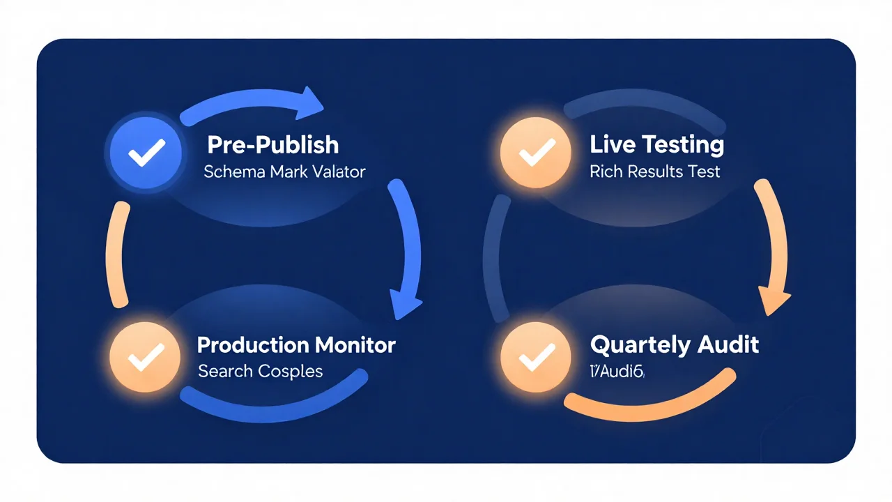 Infographic showing schema validation workflow with 4 phases: Pre-Publish (Schema Markup Validator), Live Testing (Rich Results Test), Production Monitor (Search Console), and Quarterly Audit, connected by circular workflow arrows