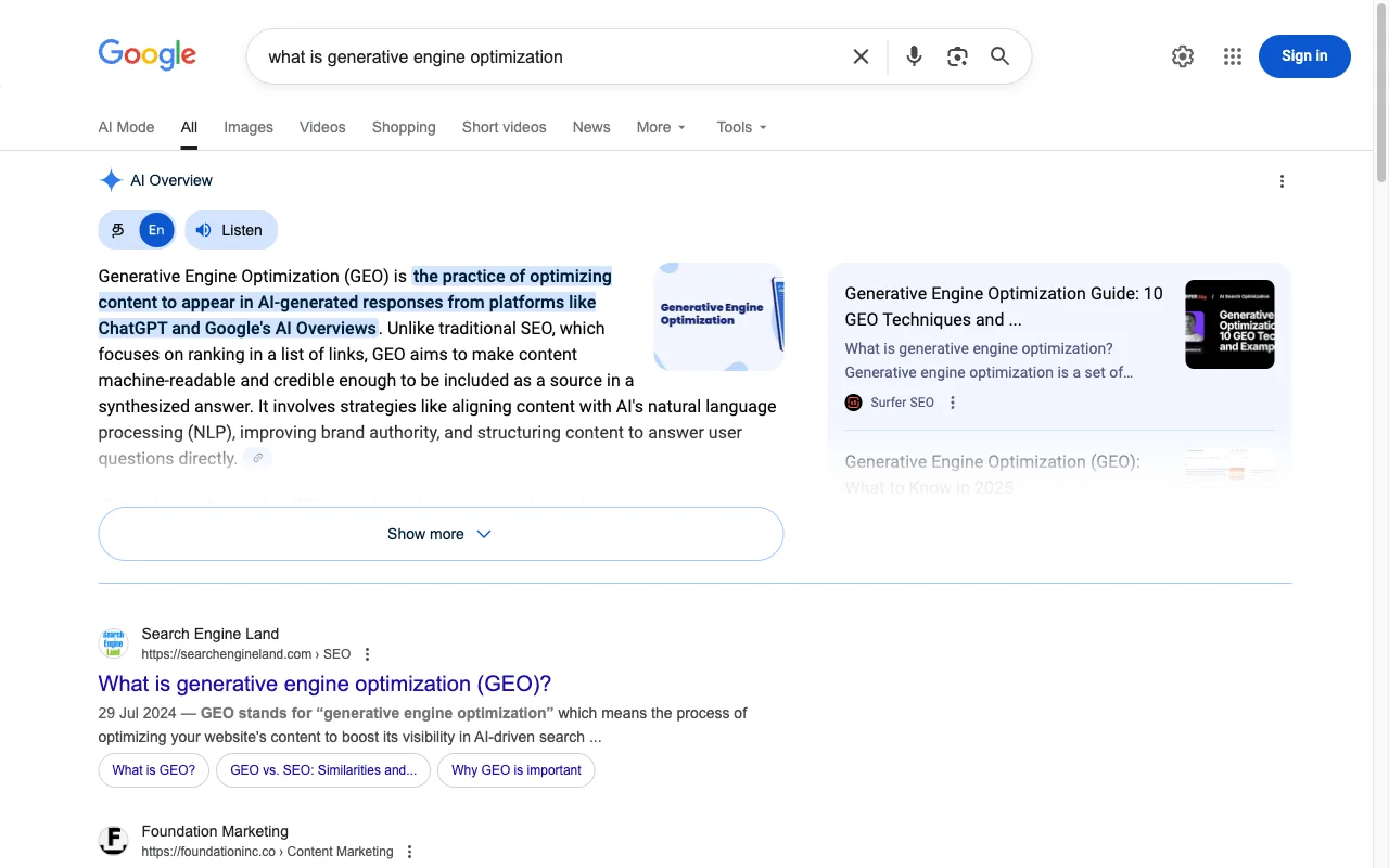 Google AI Overview showing a synthesized answer at the top of search results, pushing traditional organic listings below the fold