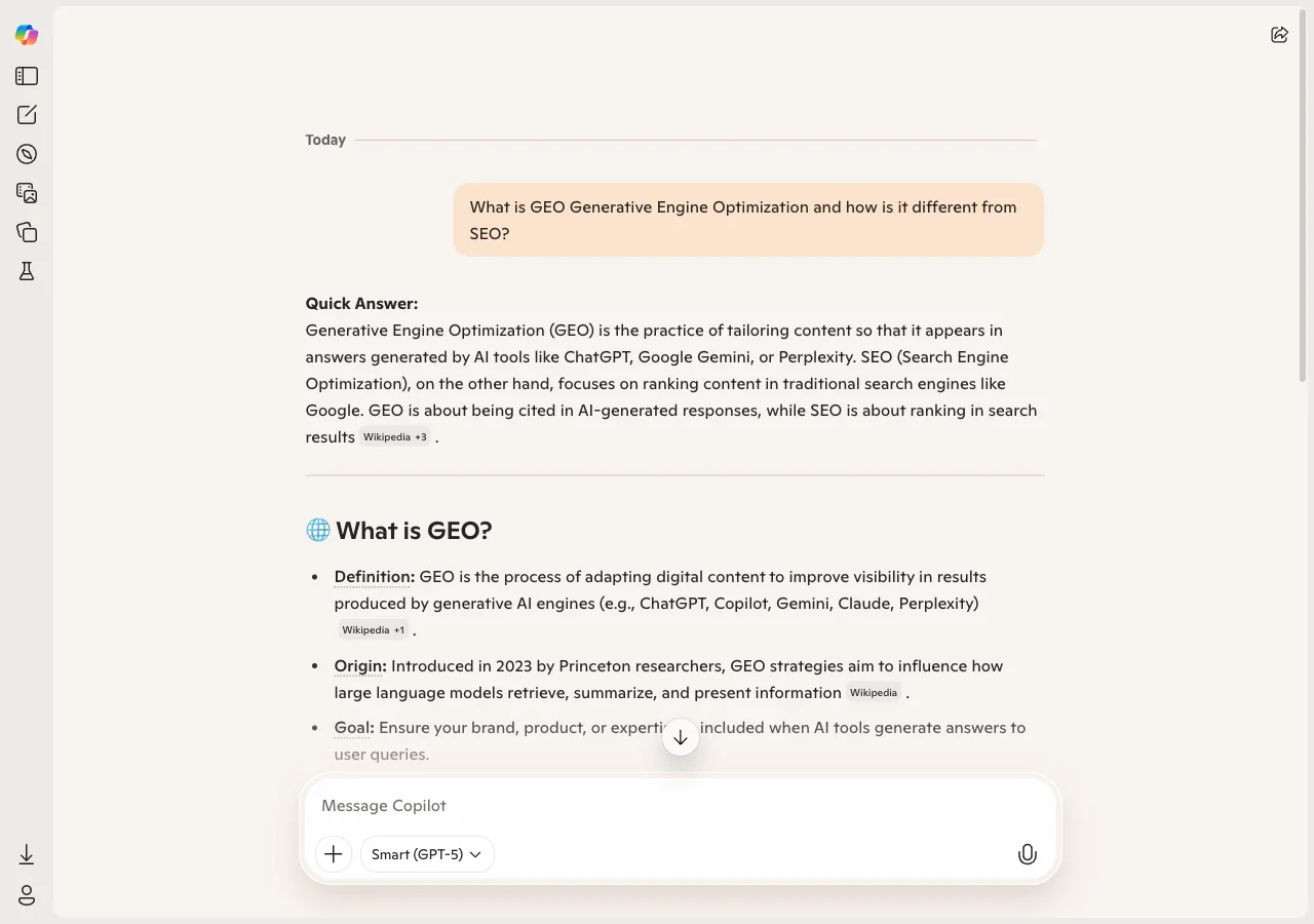 Microsoft Copilot answering a question about GEO with visible inline citations to Wikipedia and other sources - demonstrating how AI tools cite content