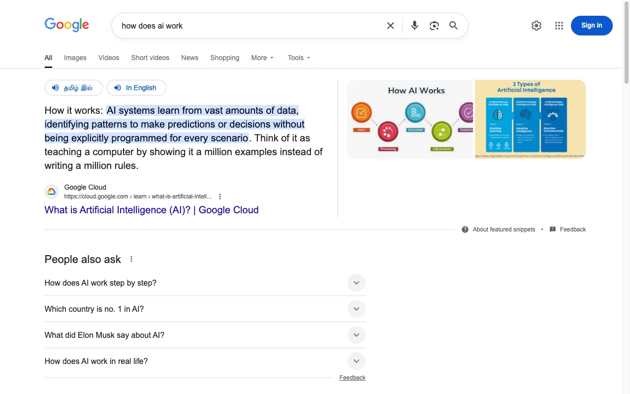 Google featured snippet showing a direct answer for 'how does AI work' query - demonstrating zero-click search where users get complete answers without clicking through to a website